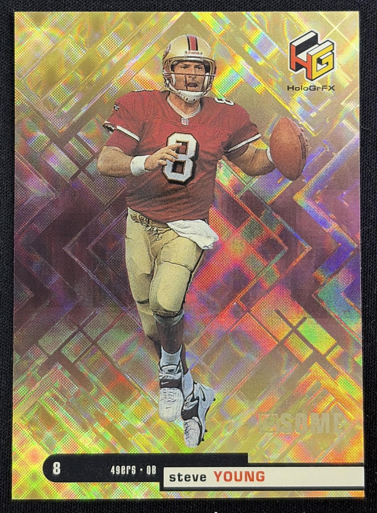 Front of Steve Young 1999 Upper Deck HoloGrFX AuSome 49ers sports trading card