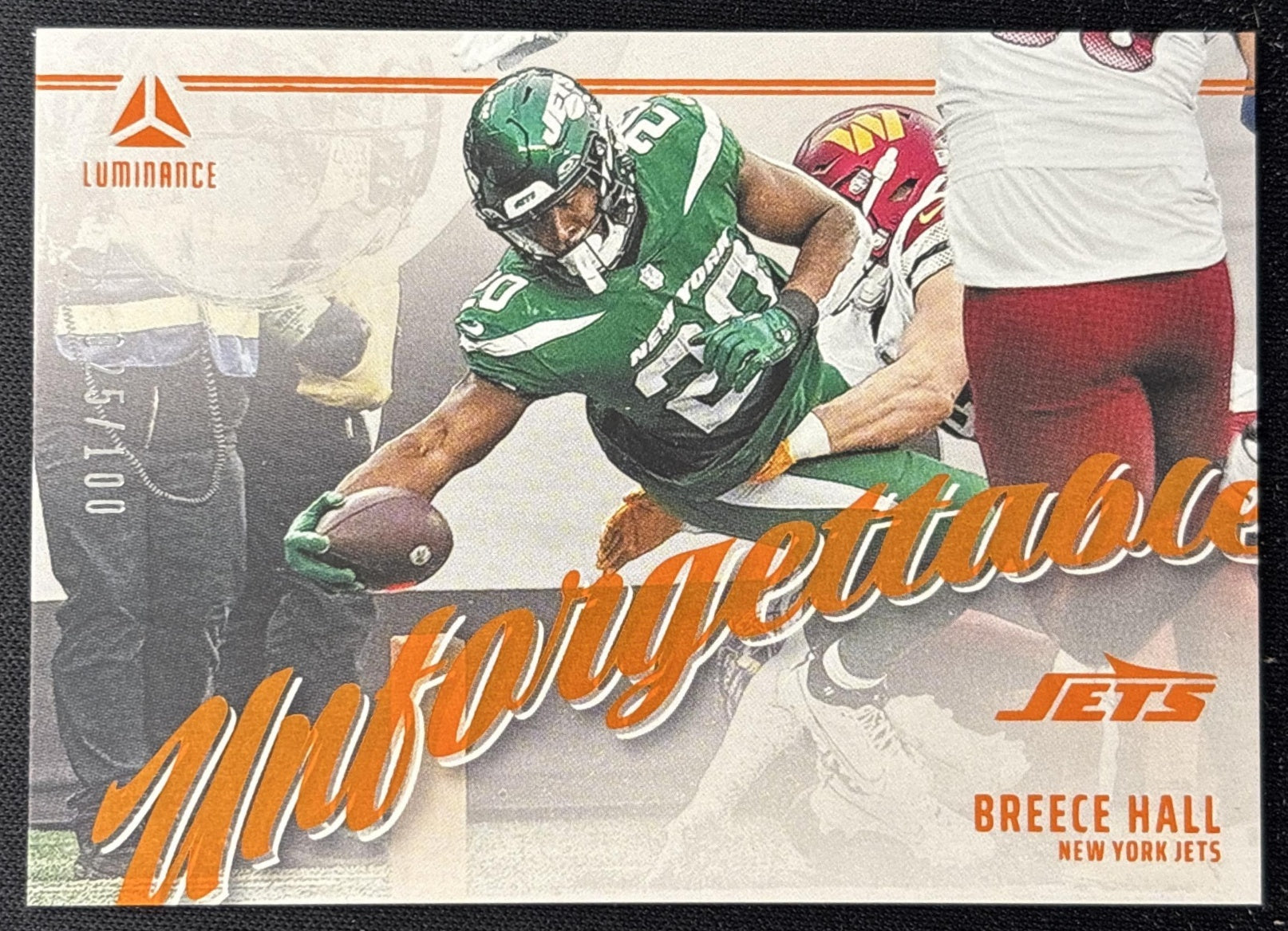 Breece Hall 2024 Panini Luminance Unforgettable Orange /100 Jets