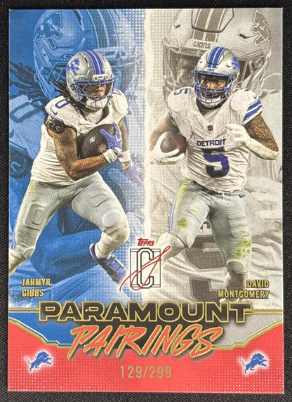David Montgomery Jahmyr Gibbs 2025 Signature Class Paramount Pairings Coral Foil /299 Lions