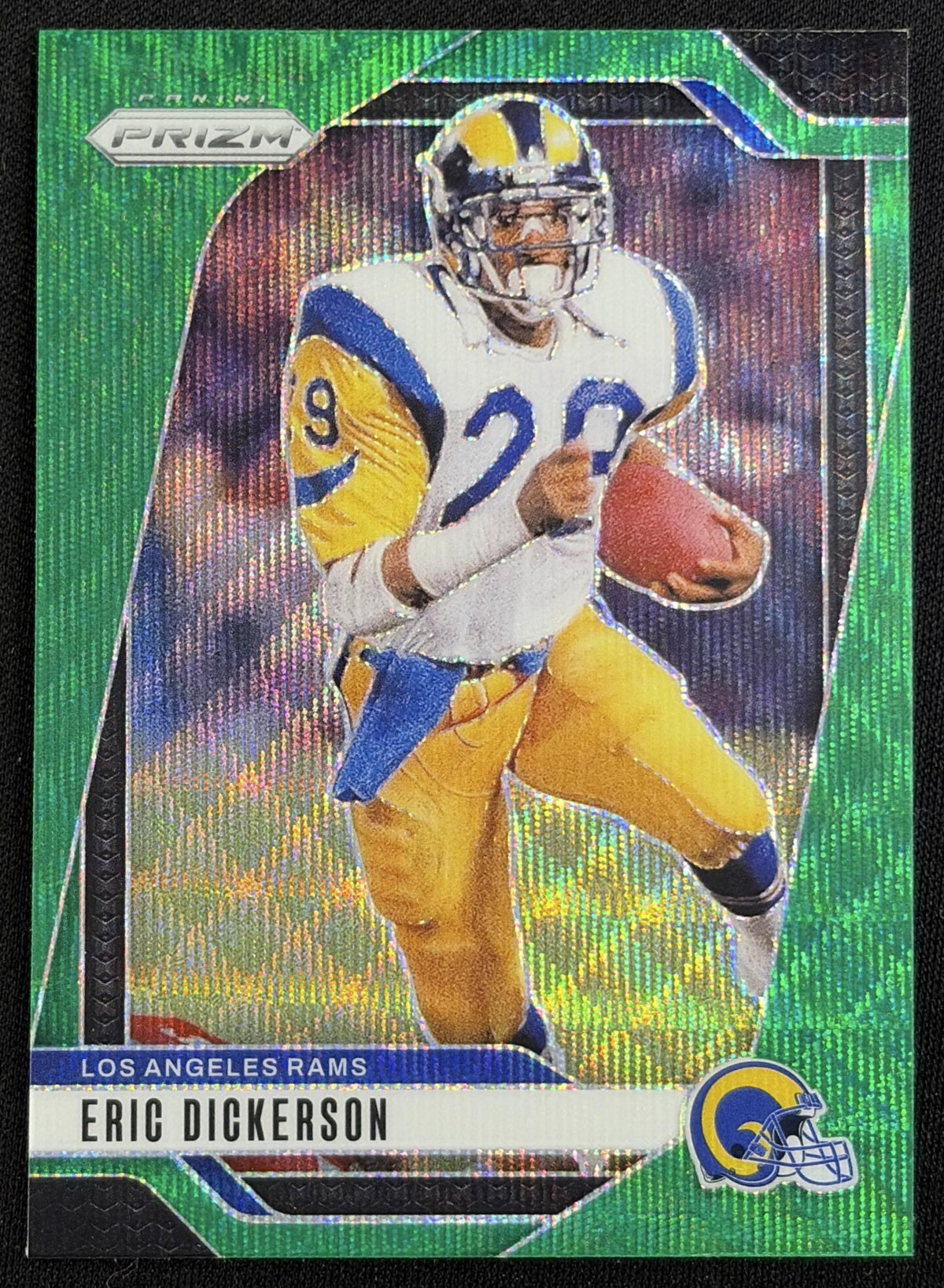 Front of Eric Dickerson 2024 Panini Prizm Green Wave Prizm Rams sports trading card