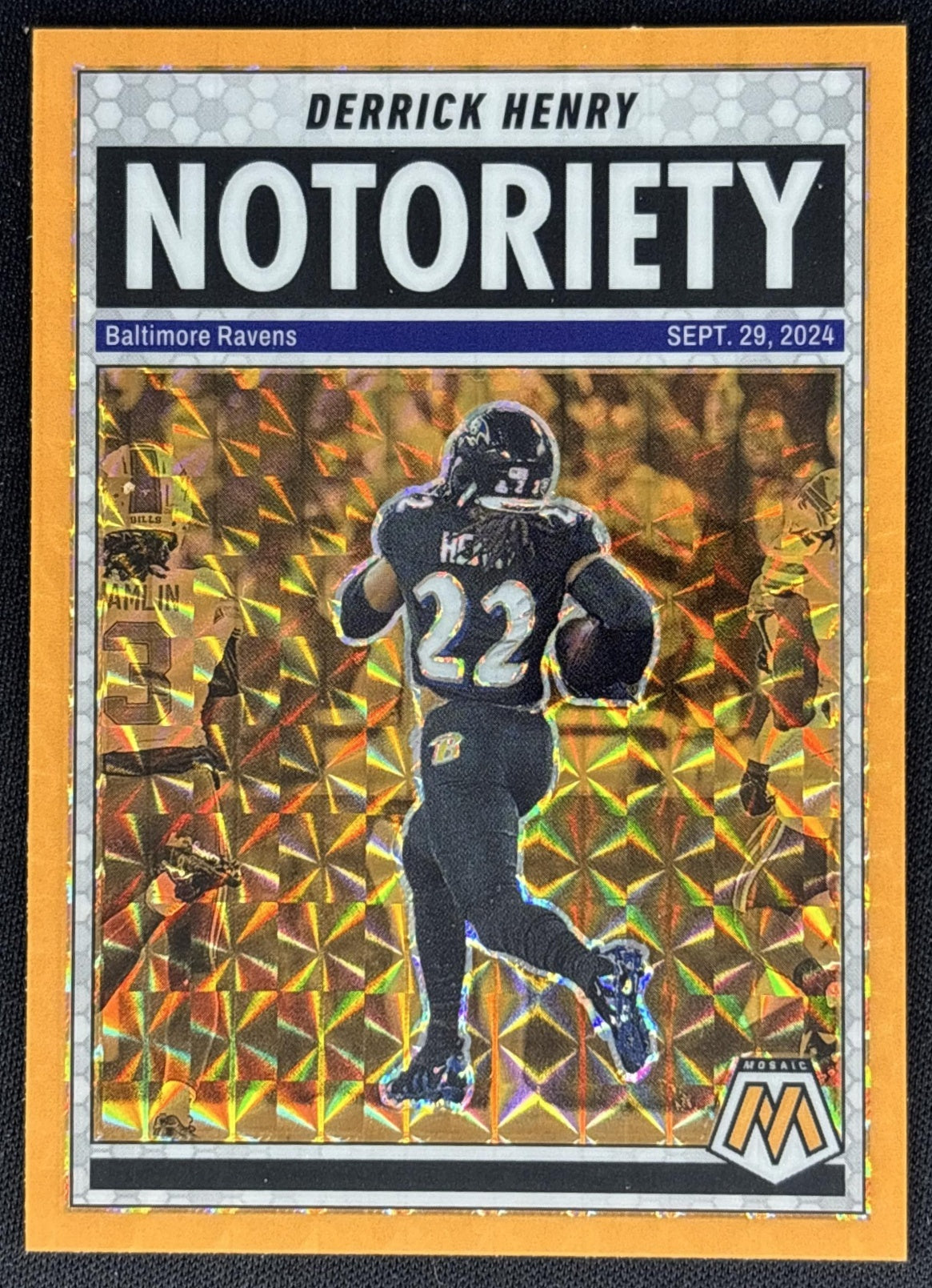 Derrick Henry 2025 Panini Mosaic Notoriety Orange Fluorescent Prizm Ravens front