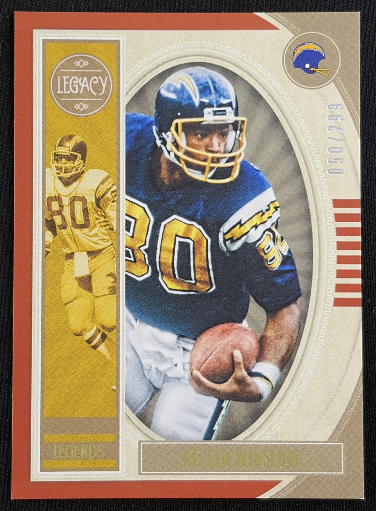 Front of Kellen Winslow 2019 Panini Legacy Red /299 Chargers sports trading card