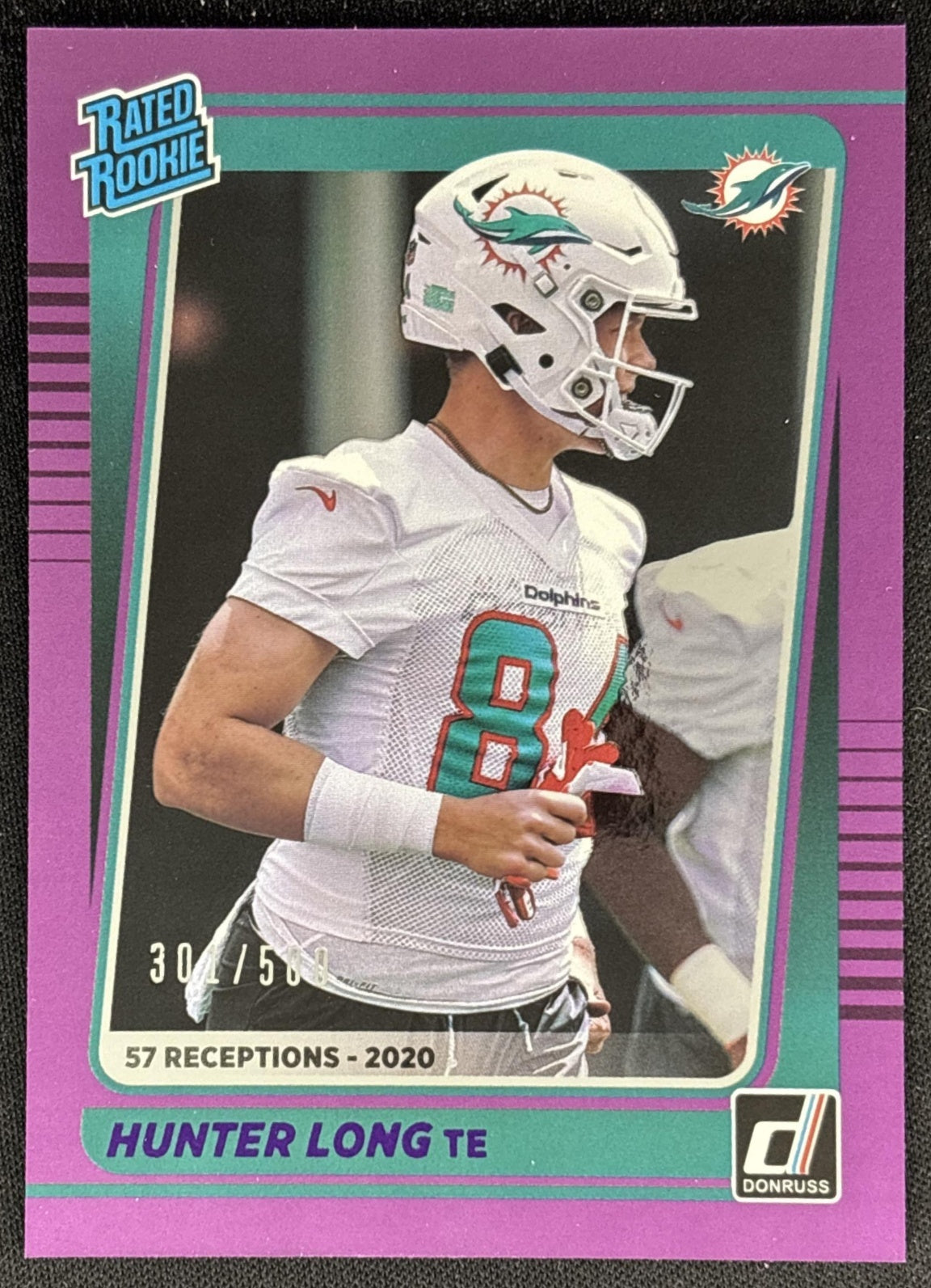 Hunter Long 2021 Panini Donruss Season Stat Line /500 Dolphins front