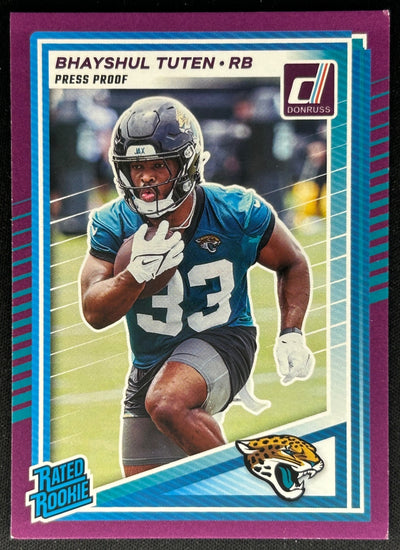 Bhayshul Tuten 2025 Panini Donruss Rated Rookie Press Proof Purple Jaguars Sports Trading Cards