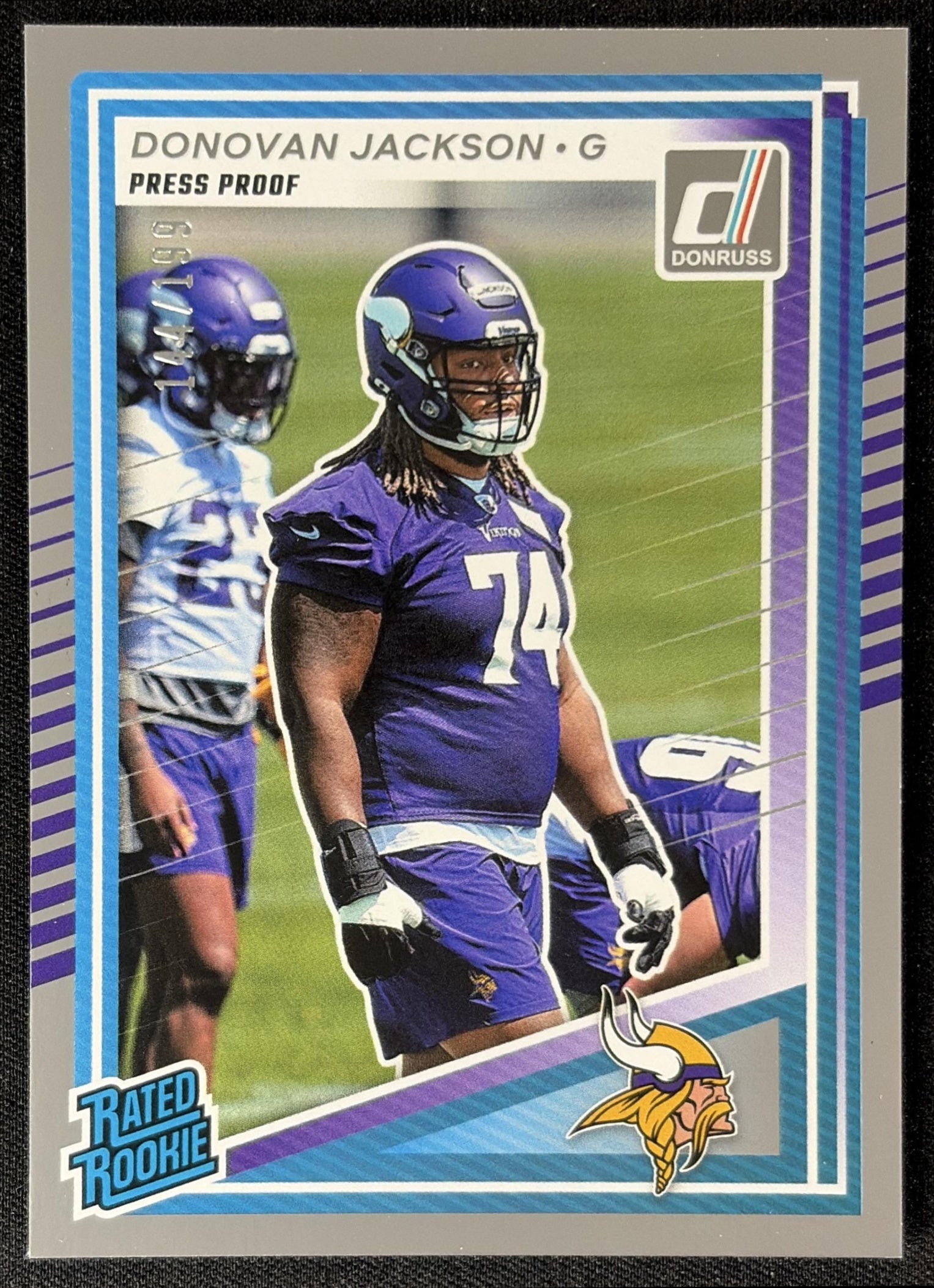Donovan Jackson 2025 Panini Donruss Rated Rookie Press Proof Silver /199 Vikings