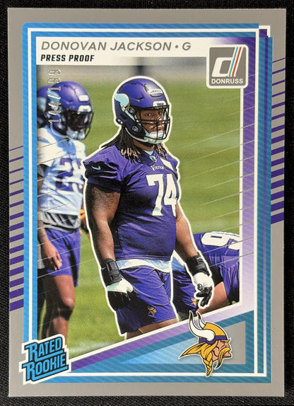 Donovan Jackson 2025 Panini Donruss Rated Rookie Press Proof Silver /199 Vikings