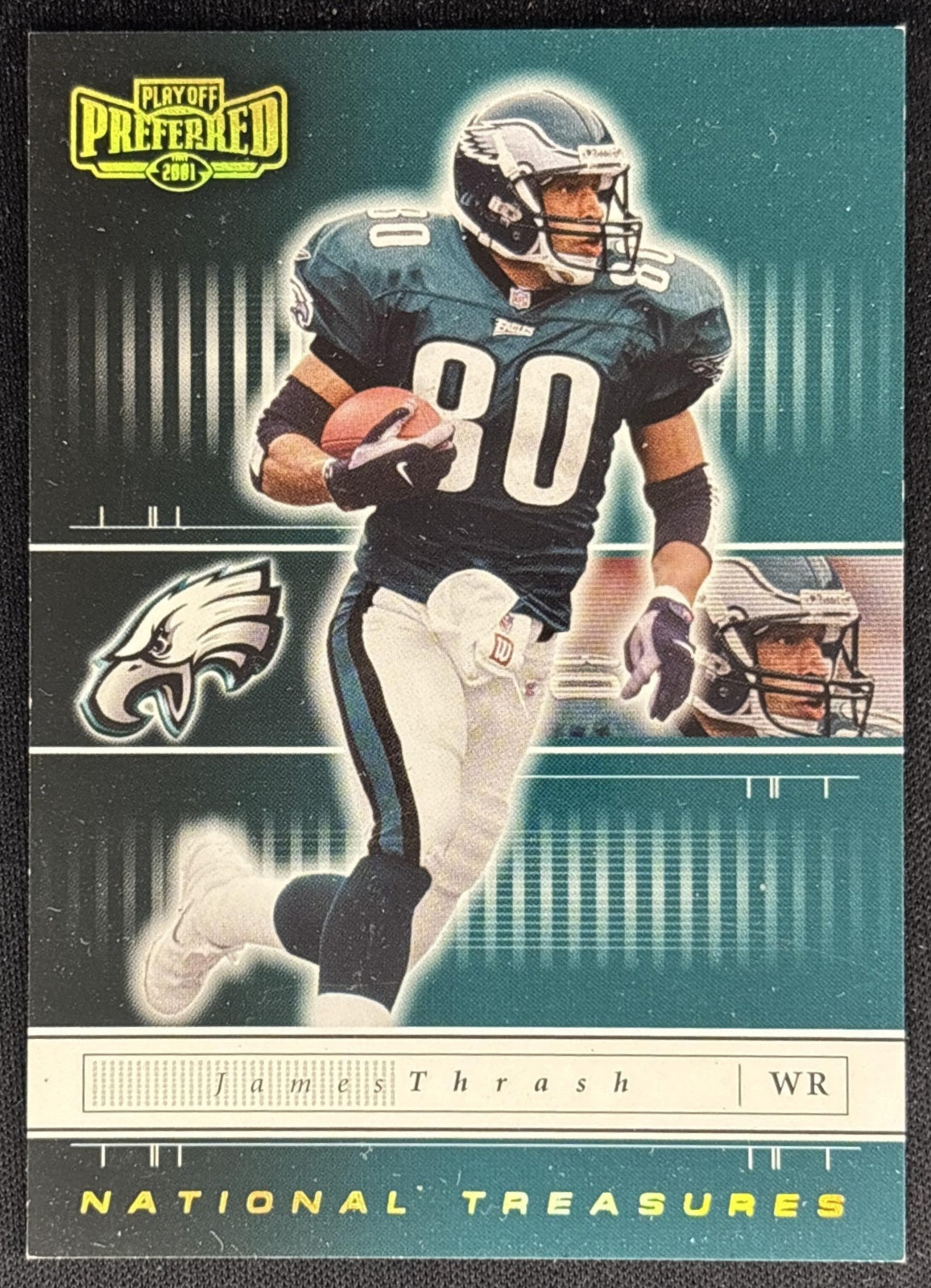 James Thrash 2001 Playoff Preferred National Treasures Gold /100 Eagles front