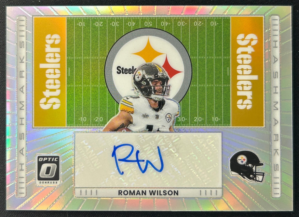 Roman Wilson 2025 Panini Donruss Optic Hash Mark Auto Holo Prizm Steelers Sports Trading Cards