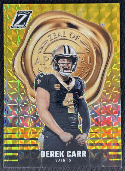 Derek Carr 2023 Panini Zenith Zeal of Approval Gold /10 Saints