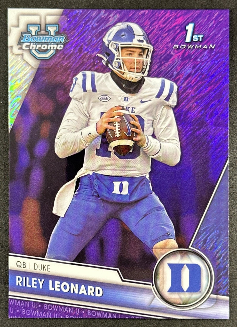 Riley Leonard 2023 Bowman University Chrome Purple Shimmer Refractor front