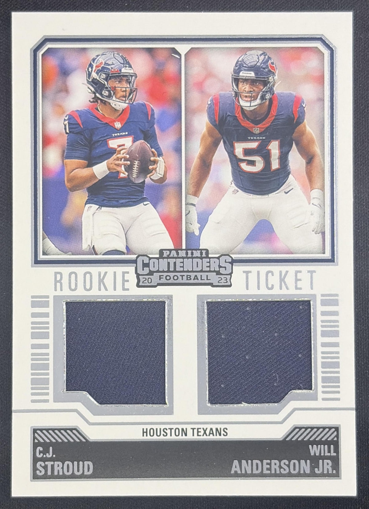 C.J. Stroud Will Anderson Jr. 2023 Panini Contenders Rookie Ticket Dual Swatches Texans