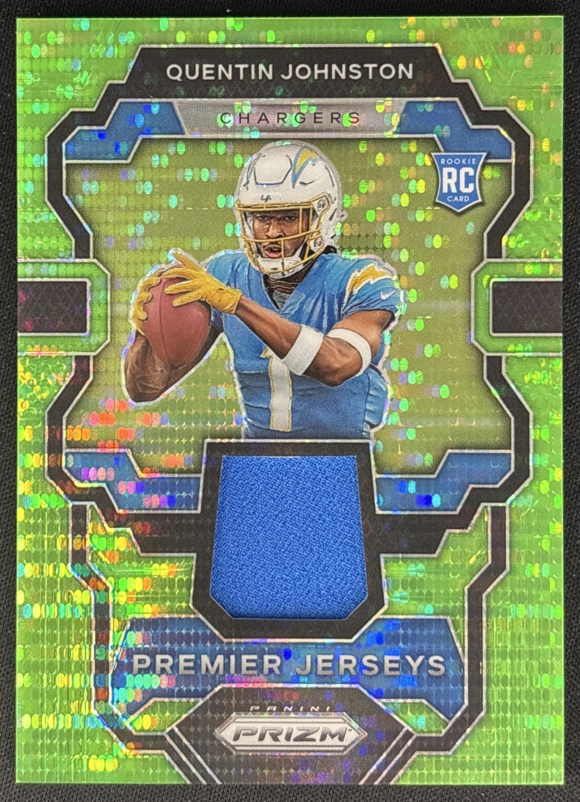 Quentin Johnston 2023 Panini Prizm Premier Jerseys Neon Green Pulsar Chargers