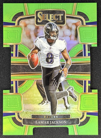 Lamar Jackson 2023 Panini Select Neon Green Prizms Die Cut /599 Ravens Front