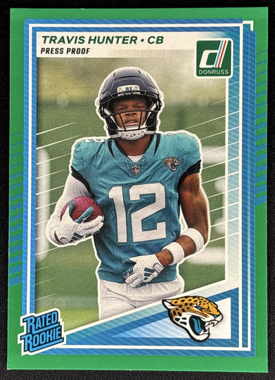 Travis Hunter 2025 Panini Donruss Rated Rookie Press Proof Green Jaguars Sports Trading Cards