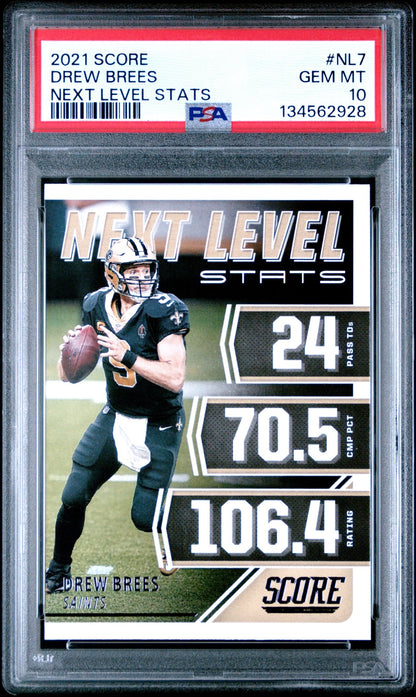 Drew Brees 2021 Panini Score Next Level Stats PSA 10 Saints front
