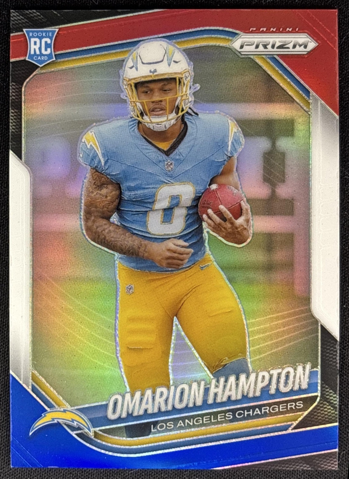 Omarion Hampton 2025 Panini Prizm Red White & Blue Chargers Sports Trading Cards