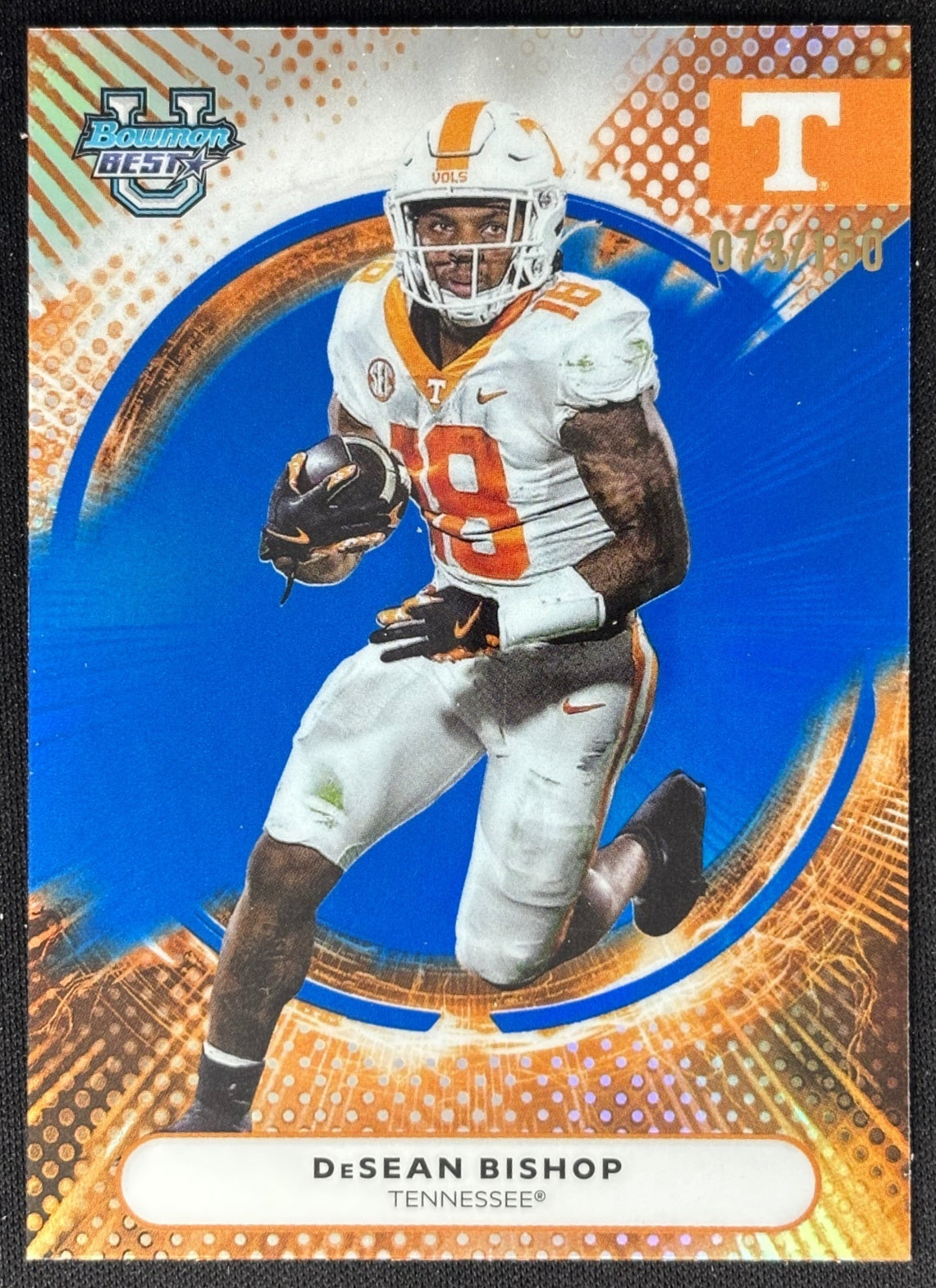 Front of DeSean Bishop 2025 Best University Blue Refractor /150 Volunteers Titans