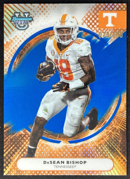 Front of DeSean Bishop 2025 Best University Blue Refractor /150 Volunteers Titans