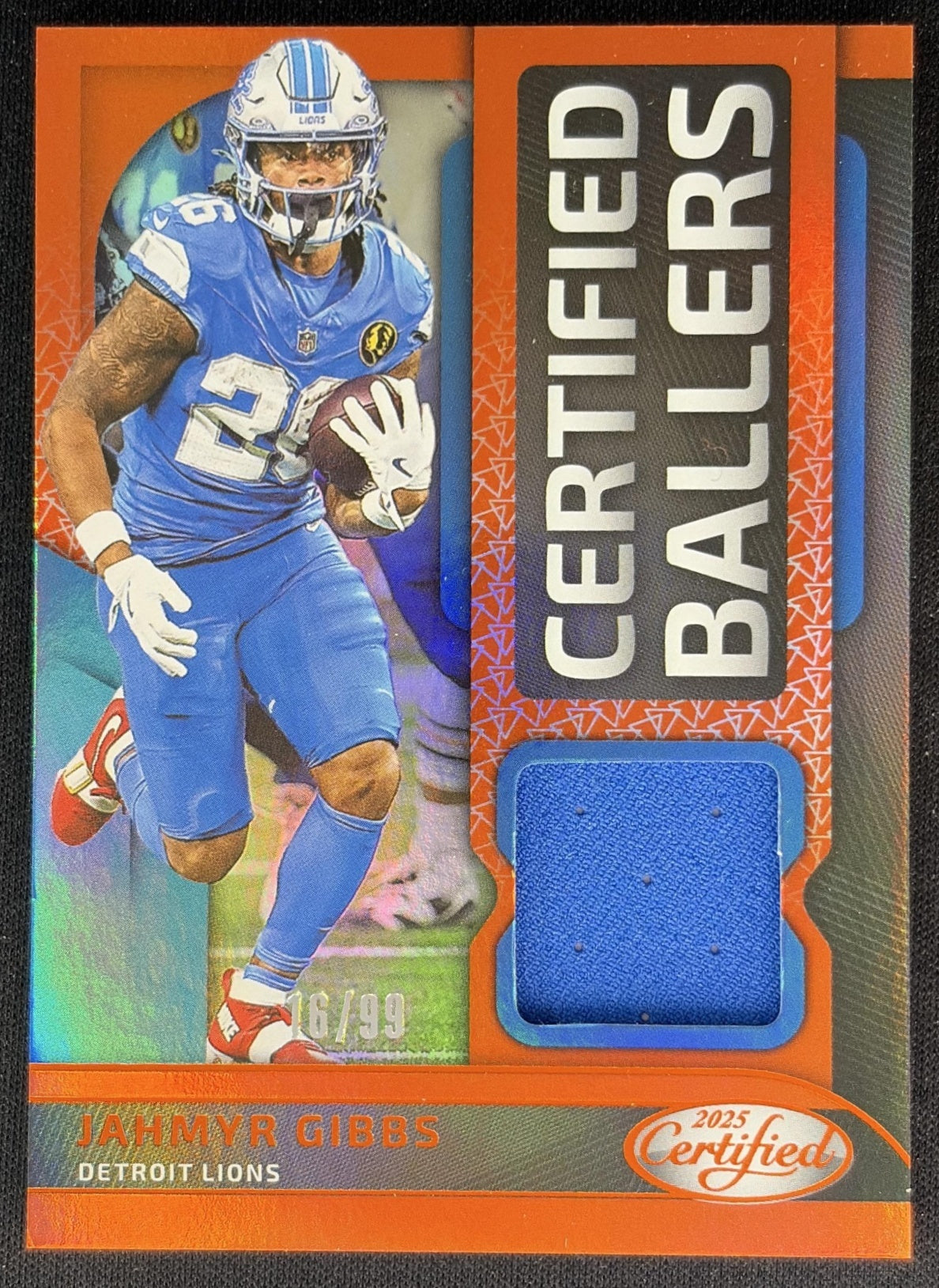 Jahmyr Gibbs 2025 Panini Certified Ballers Mirror Orange /99 Lions 2 front