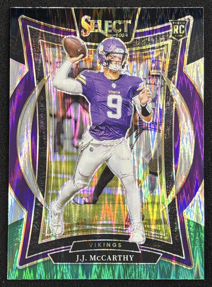 J.J. McCarthy 2024 Panini Select Concourse Black and Green Prizm Shock Vikings - Front