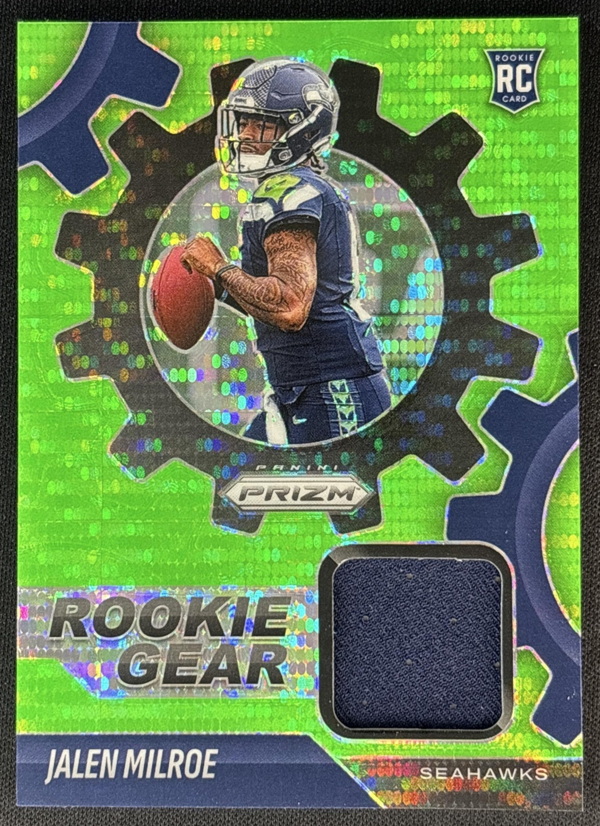 Jalen Milroe 2025 Panini Prizm Rookie Gear Neon Green Pulsar Seahawks