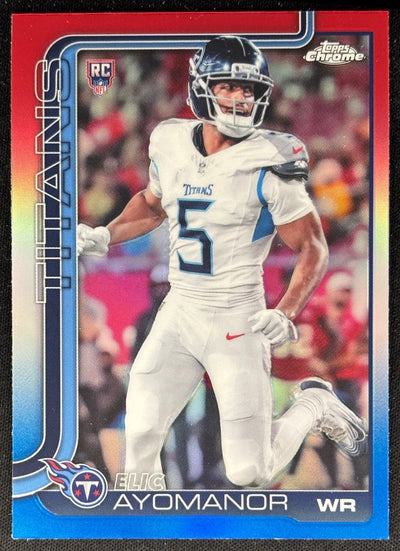 Elic Ayomanor 2025 Topps Chrome Rookie Red/White/Blue Refractor Titans Sports Trading Cards