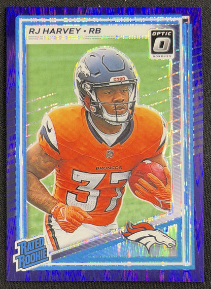 RJ Harvey 2025 Panini Donruss Optic Rated Rookie Purple Shock Prizm Broncos - Front