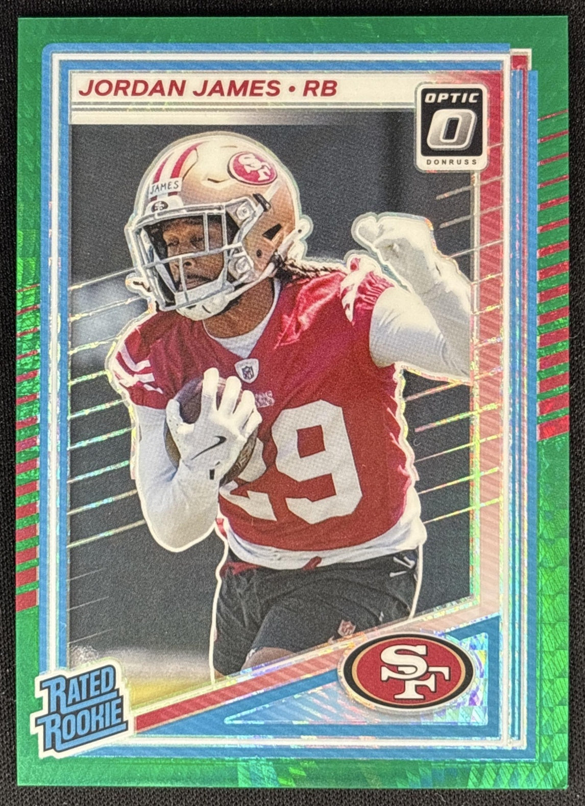 Jordan James 2025 Panini Donruss Optic Rated Rookie Green Hyper Prizm 49ers front
