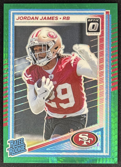 Jordan James 2025 Panini Donruss Optic Rated Rookie Green Hyper Prizm 49ers front
