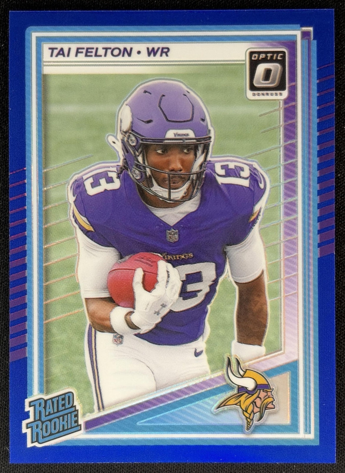 Tai Felton 2025 Panini Donruss Optic Rated Rookie Blue Prizm /249 Vikings front