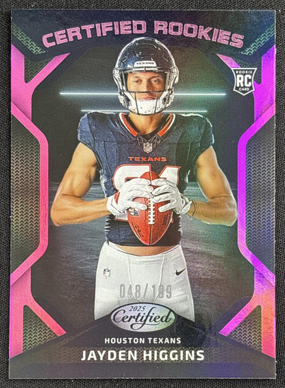 Jayden Higgins 2025 Panini Certified Rookies Mirror Pink /199 Texans Houston Texans