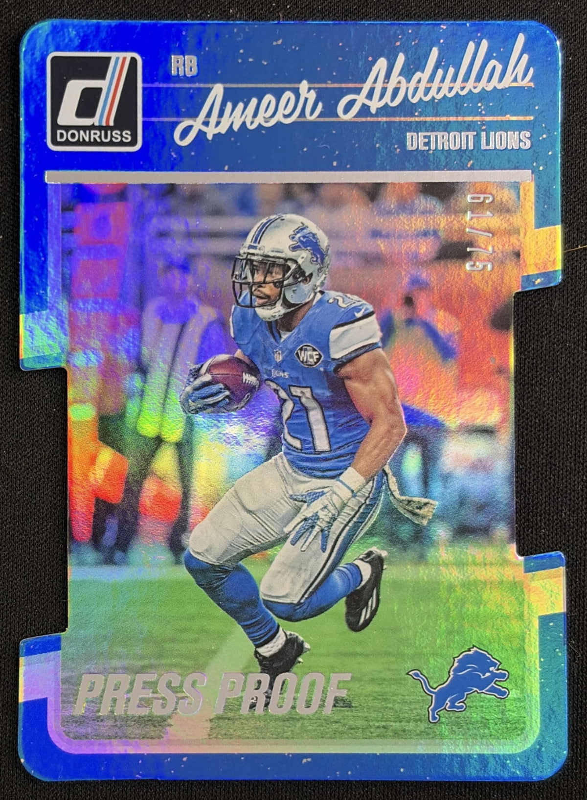 Front of Ameer Abdullah 2016 Panini Donruss Press Proofs Silver Die Cut /75 Lions sports trading card