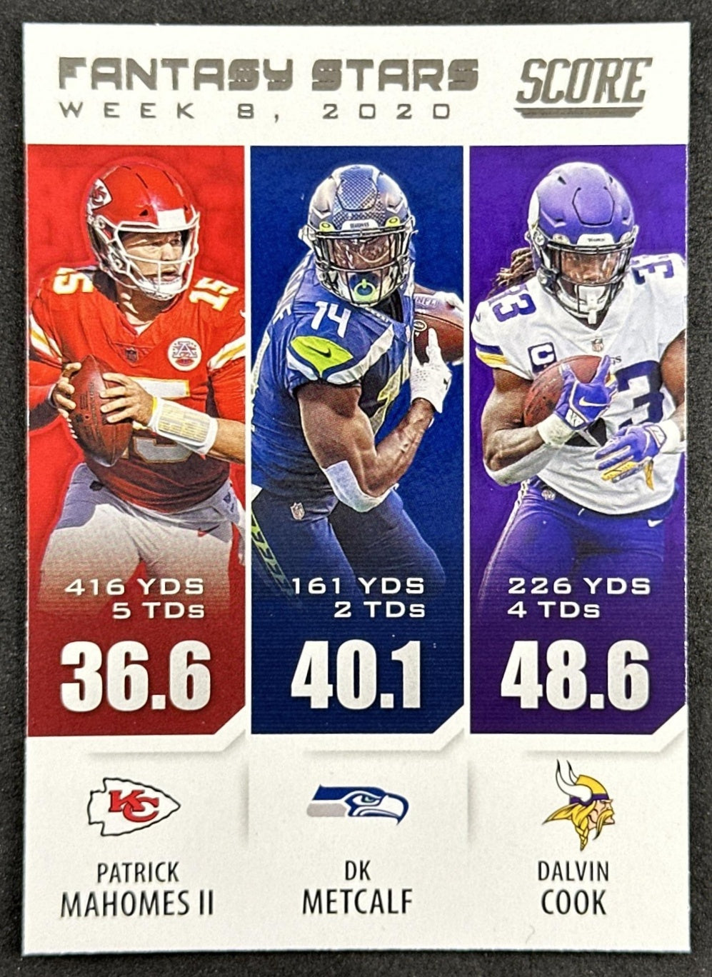 Patrick Mahomes DK Metcalf Dalvin Cook 2021 Score Fantasy Stars Chiefs Seahawks Vikings front sports trading card