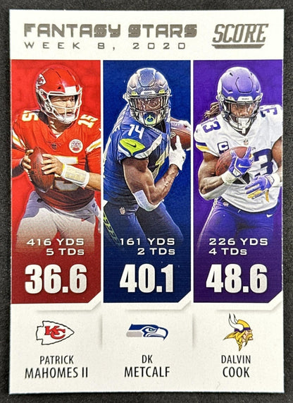 Patrick Mahomes DK Metcalf Dalvin Cook 2021 Score Fantasy Stars Chiefs Seahawks Vikings front sports trading card