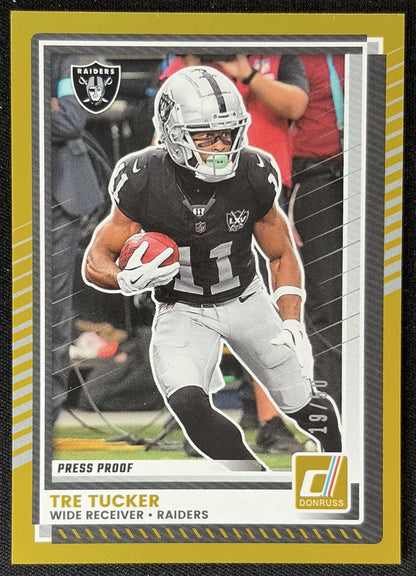 Tre Tucker 2025 Panini Donruss Press Proof Gold /50 Raiders