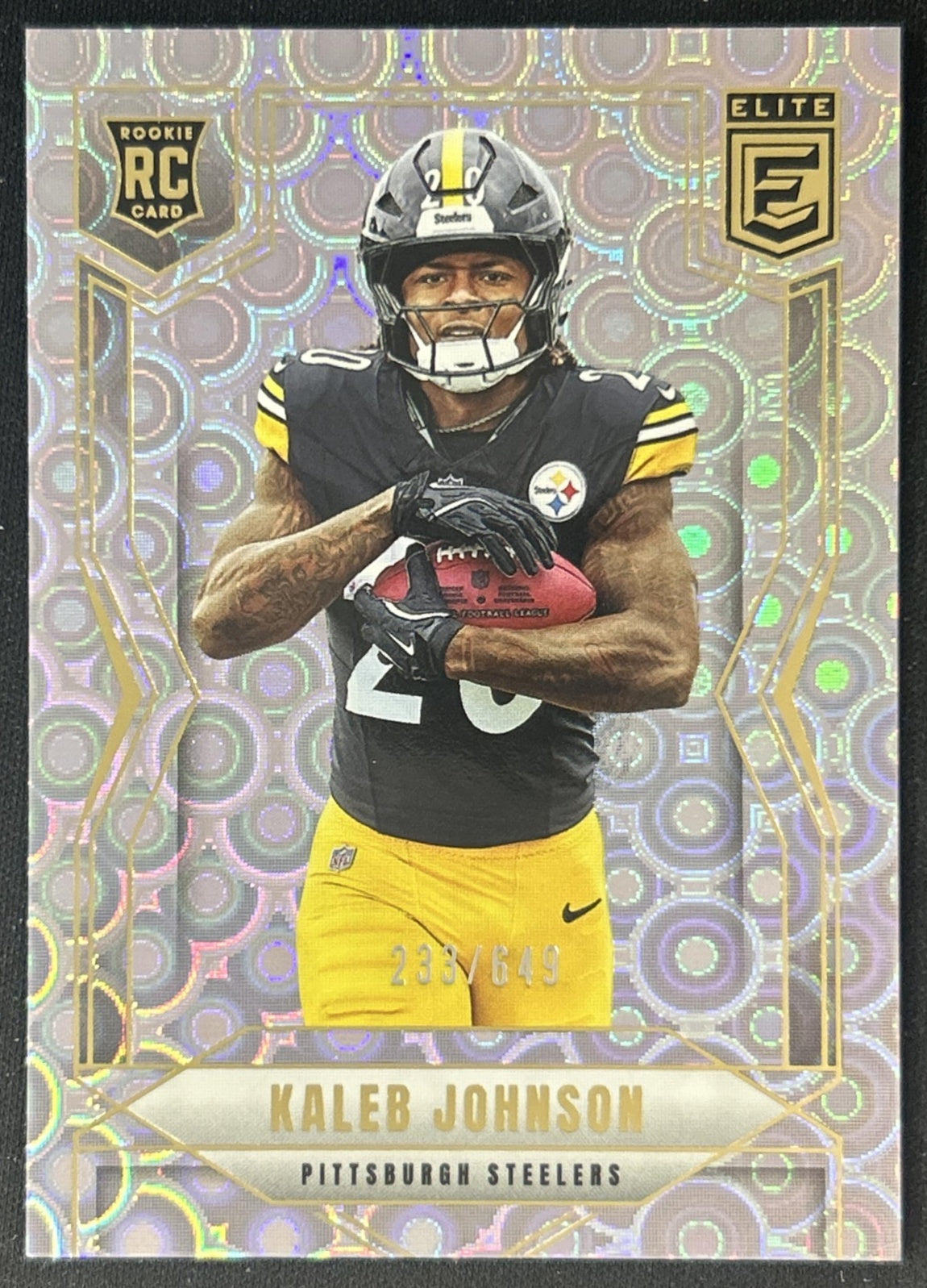 Kaleb Johnson 2025 Panini Donruss Elite Rookies Lavender Pyramids /649 Steelers front
