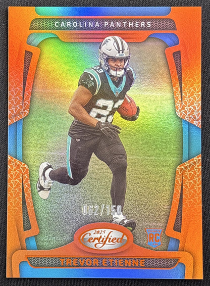 Trevor Etienne 2025 Panini Certified Rookies Mirror Orange /150 Panthers Carolina Panthers