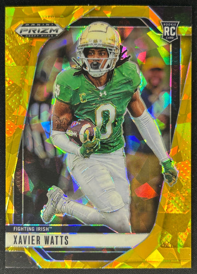Front of Xavier Watts 2025 Prizm Draft Picks Gold Ice Texans Notre Dame Fighting Irish