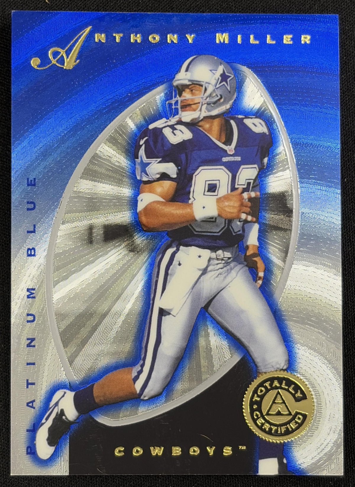 Front of Anthony Miller 1997 Pinnacle Totally Certified Platinum Blue /2499 Cowboys sports trading card