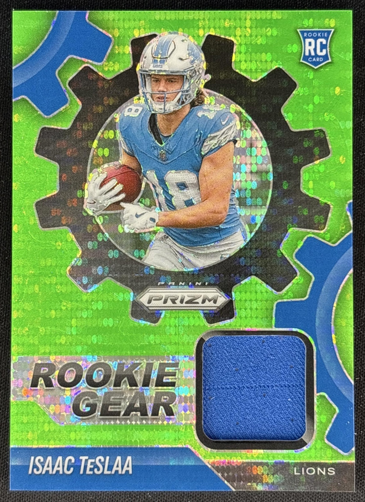 Isaac TeSlaa 2025 Panini Prizm Rookie Gear Neon Green Pulsar Lions front