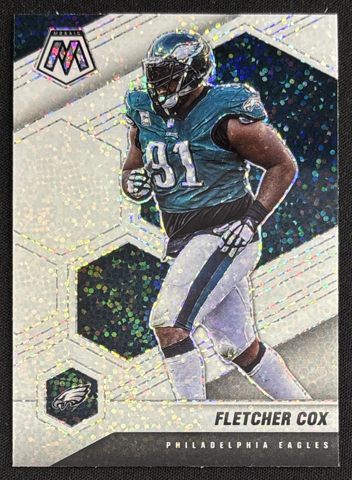 Fletcher Cox 2021 Panini Mosaic White Sparkle Prizm SSP Eagles sports trading card front