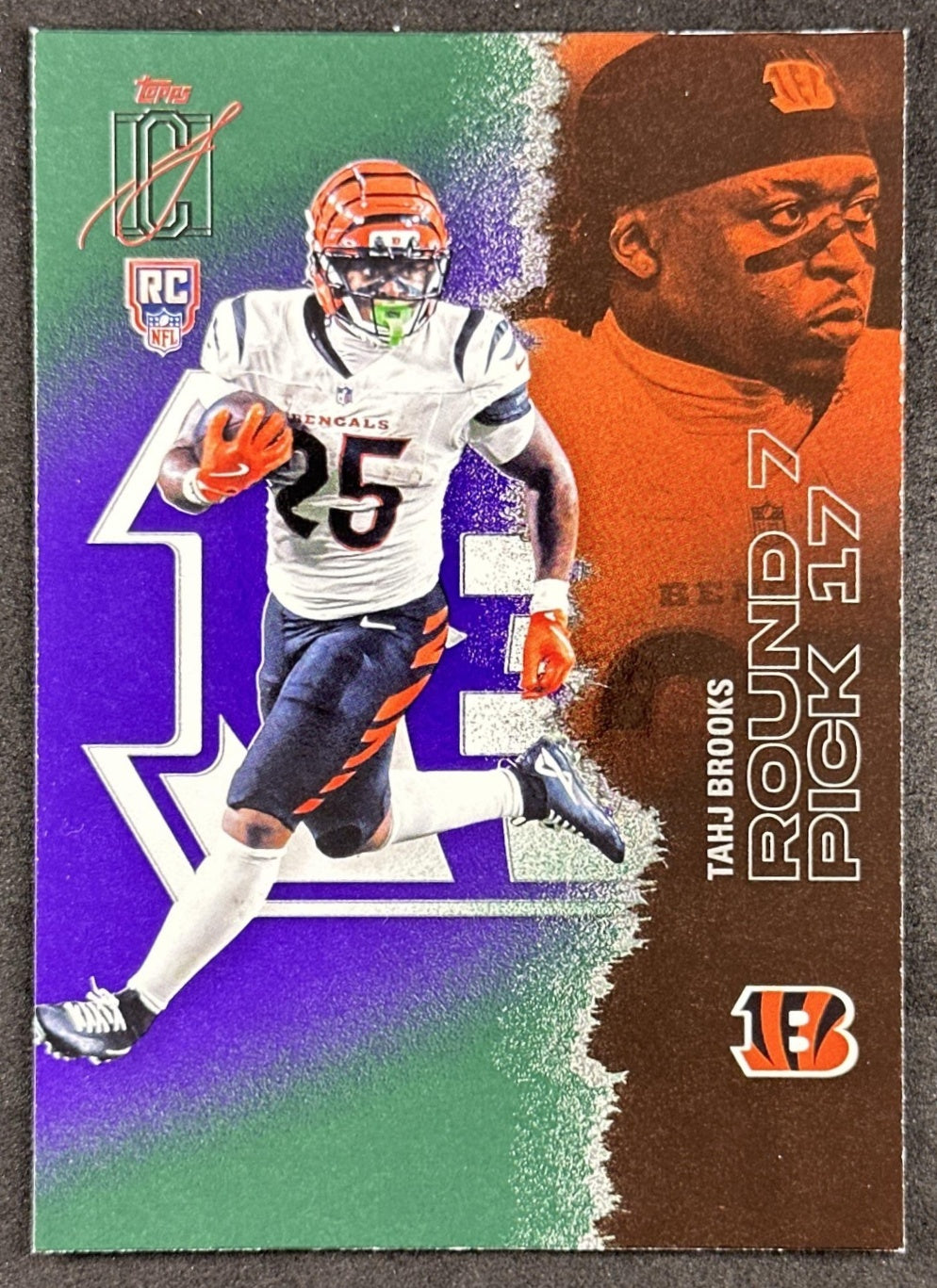 Tahj Brooks 2025 Topps Signature Class Rookie Green & Purple Foil Bengals front sports trading card