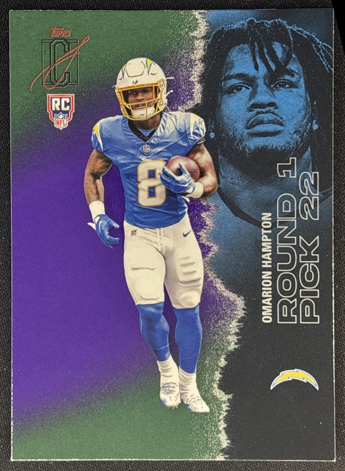 Omarion Hampton 2025 Topps Signature Class Rookie Green & Purple Foil Chargers front
