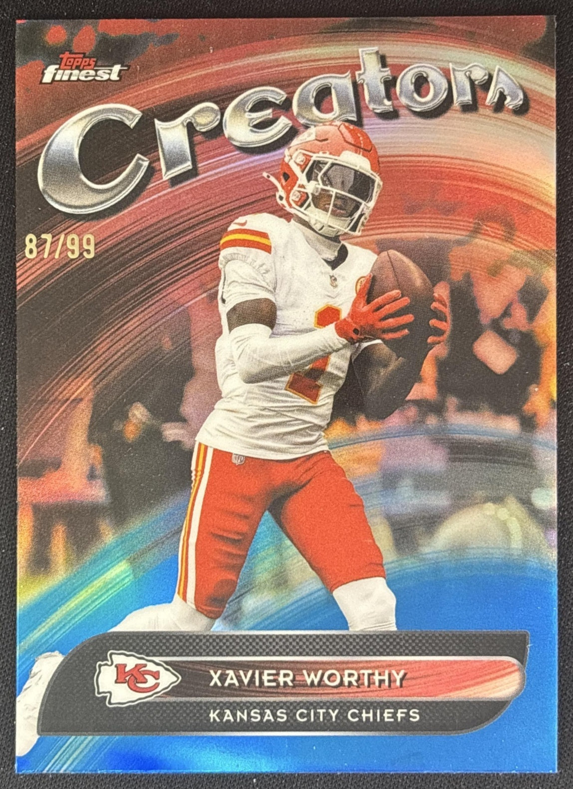 Xavier Worthy 2025 Topps Finest Creators Blue Refractor /99 Chiefs front