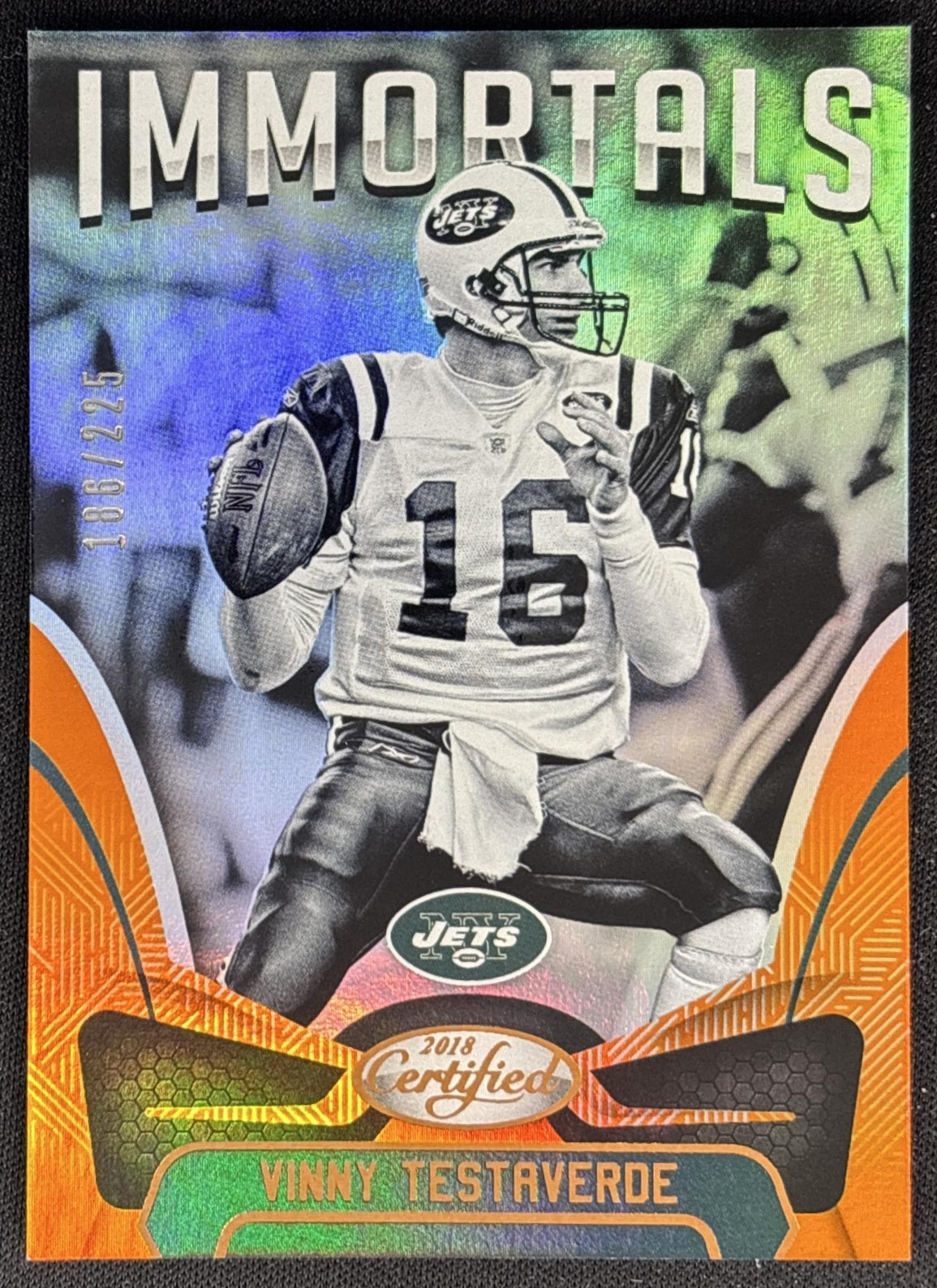 Vinny Testaverde 2018 Panini Certified Mirror Orange /225 Jets front