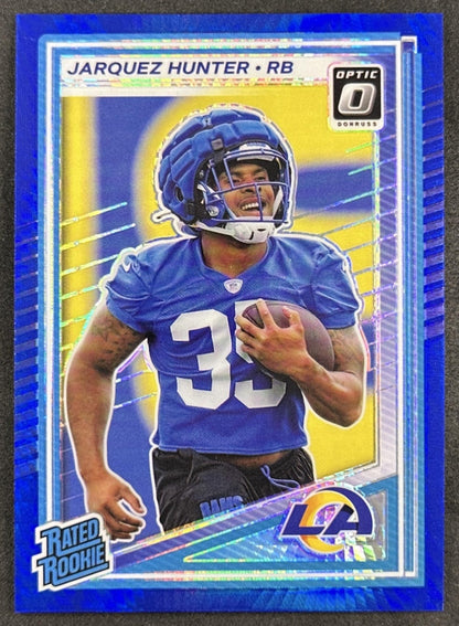 Jarquez Hunter 2025 Panini Donruss Optic Rated Rookie Blue Hyper Prizm Rams