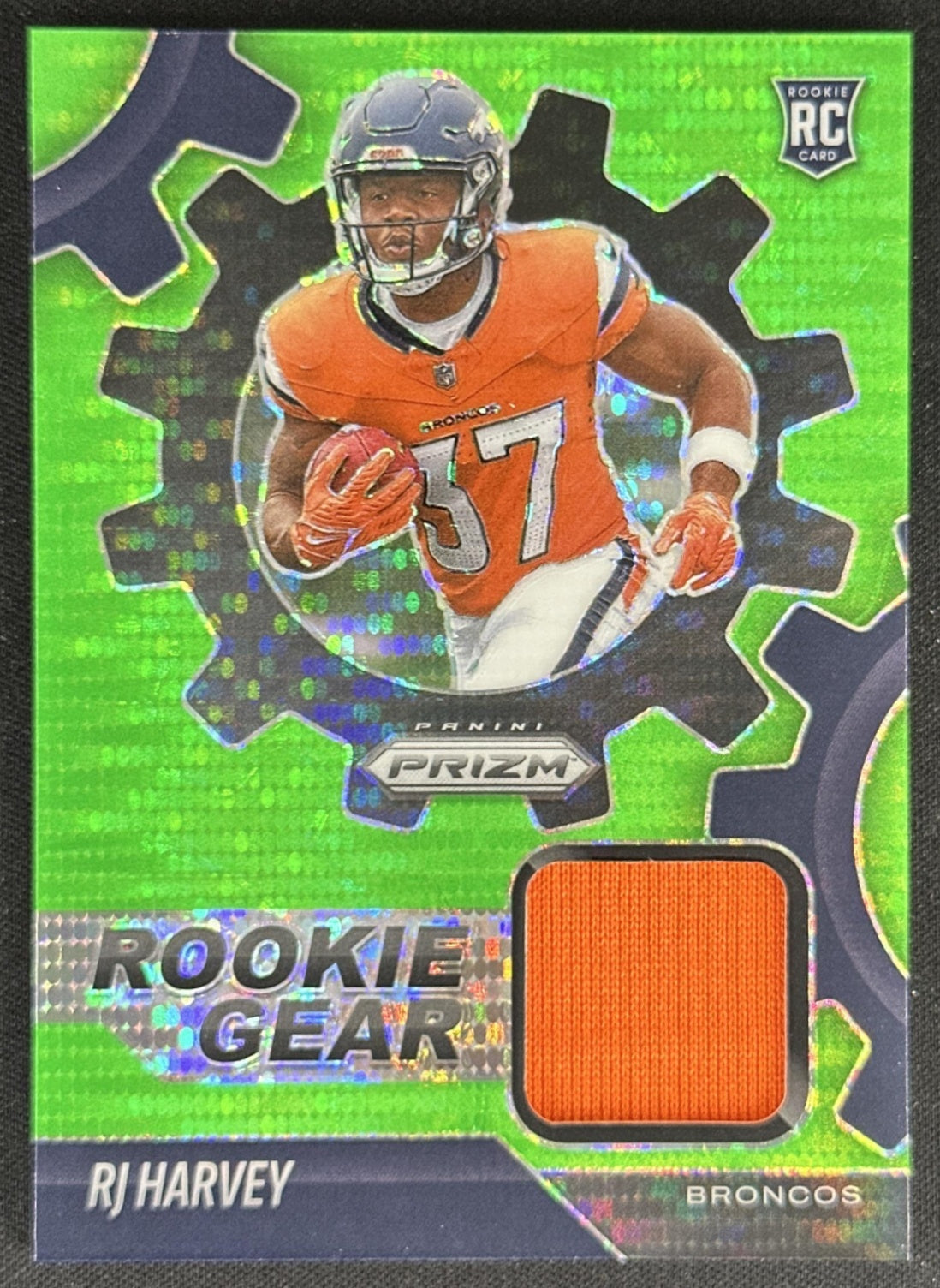 RJ Harvey 2025 Panini Prizm Rookie Gear Neon Green Pulsar Broncos