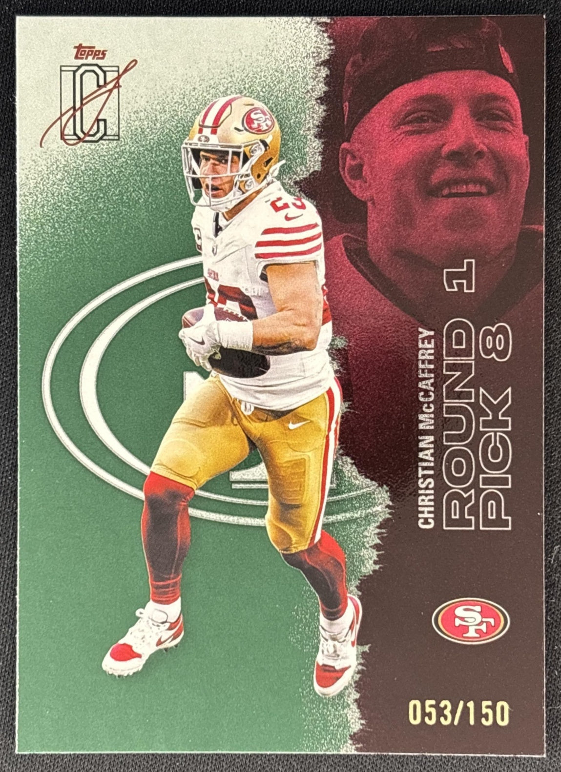 Christian McCaffrey 2025 Signature Class Veteran Auto Green Foil /150 49ers front