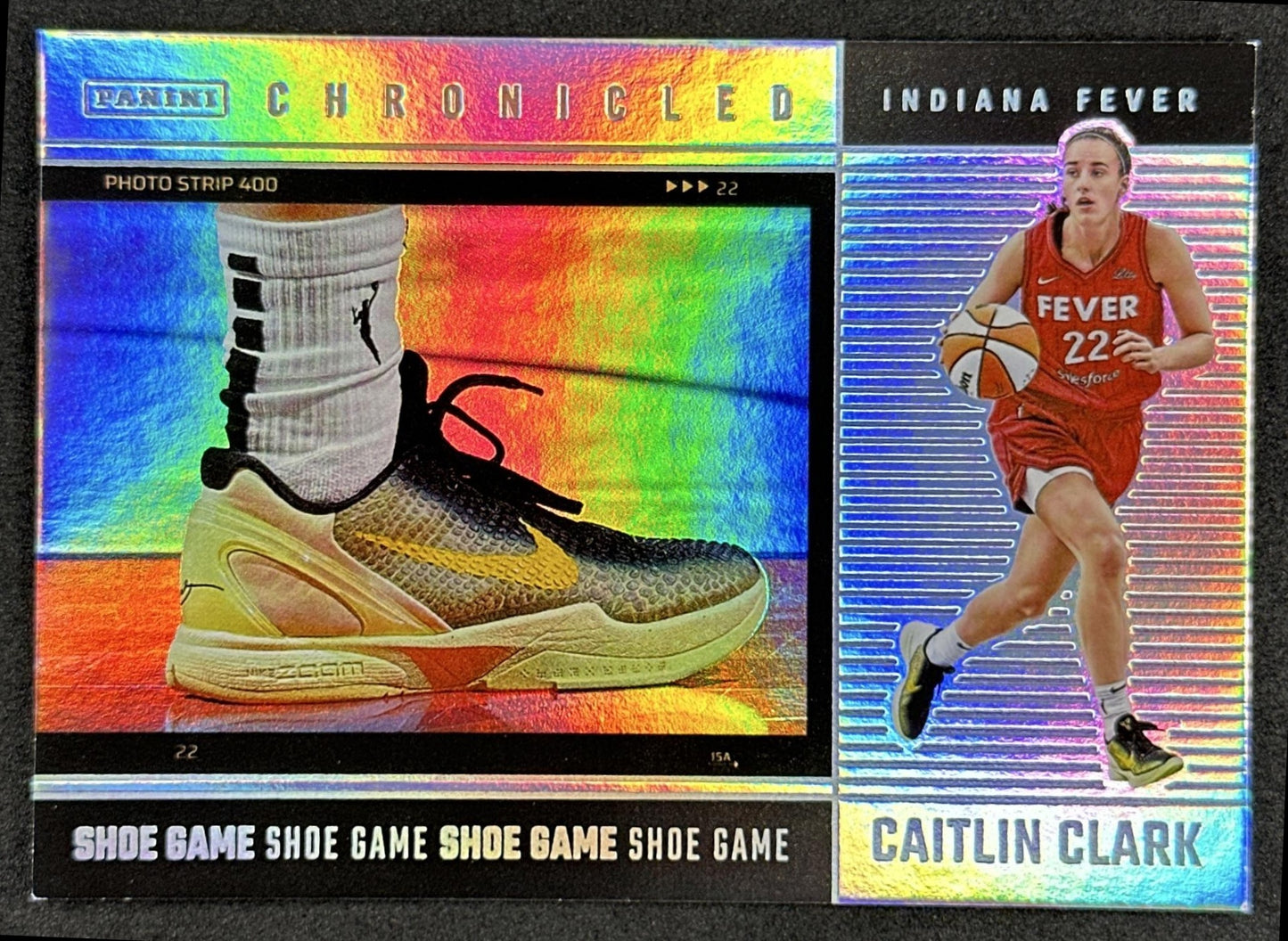 Caitlin Clark 2025 Panini Chronicled Shoe Game Holo Fever 72 Indiana Fever