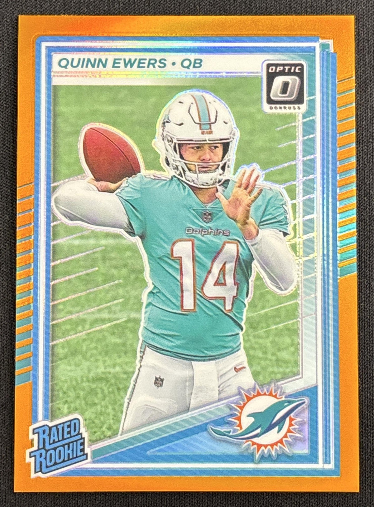 Quinn Ewers 2025 Panini Donruss Optic Rated Rookie Orange Prizm /299 Dolphins Sports Trading Card